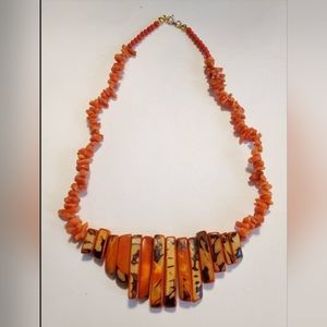 Vintage Sherpa Coral Tibetan Bead Graduated Bib Pendant Choker Necklace